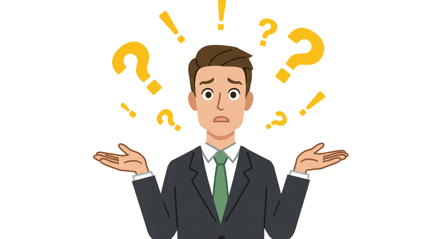 Hombre confundido con signos de interrogación. Ilustración de un personaje de dibujos animados con expresión de duda y signos de pregunta y exclamación alrededor. Representación gráfica de la incertidumbre. Accesibilidad web y SEO.