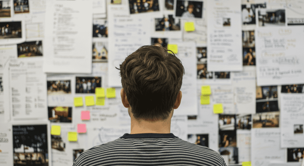 Pequeños cambios que pueden hacerte más feliz según la ciencia 6 Hombre de espaldas frente a una pared llena de ideas y proyectos. Un concepto visual de planificación, creatividad e innovación en el trabajo.