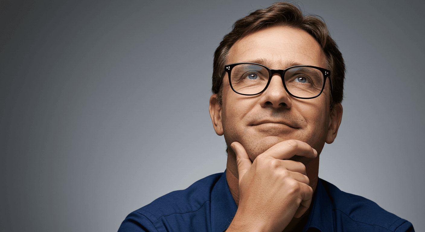 Hombre pensativo con gafas mirando hacia arriba. Foto de retrato con fondo gris degradado.