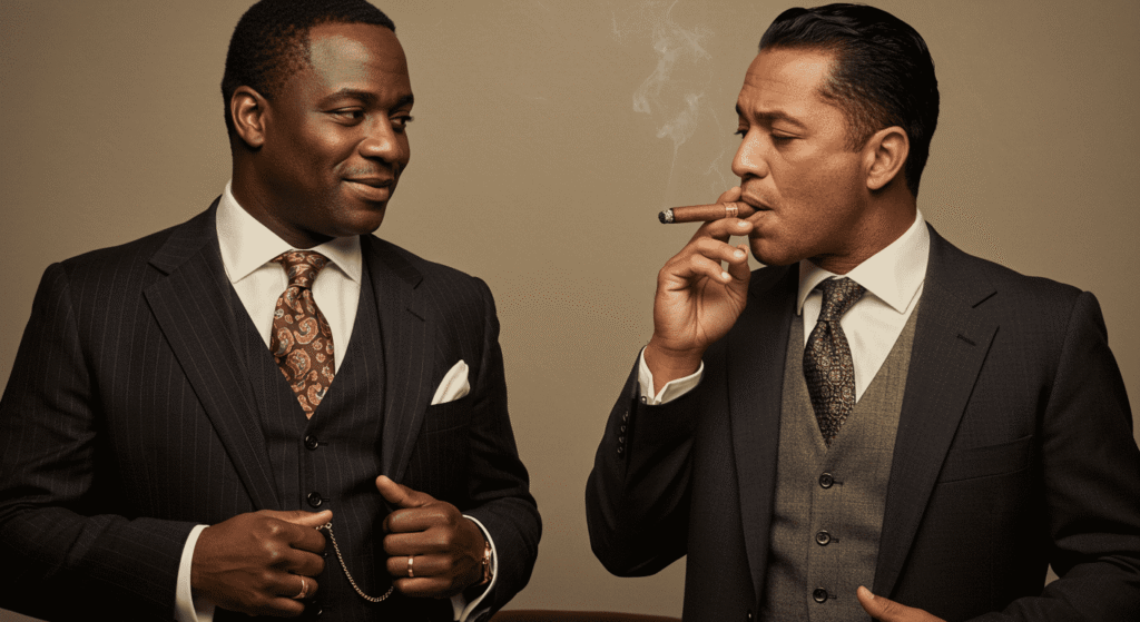"Dos hombres elegantes fumando cigarros en traje. Imagen retro que evoca poder y sofisticación. Moda masculina clásica."

