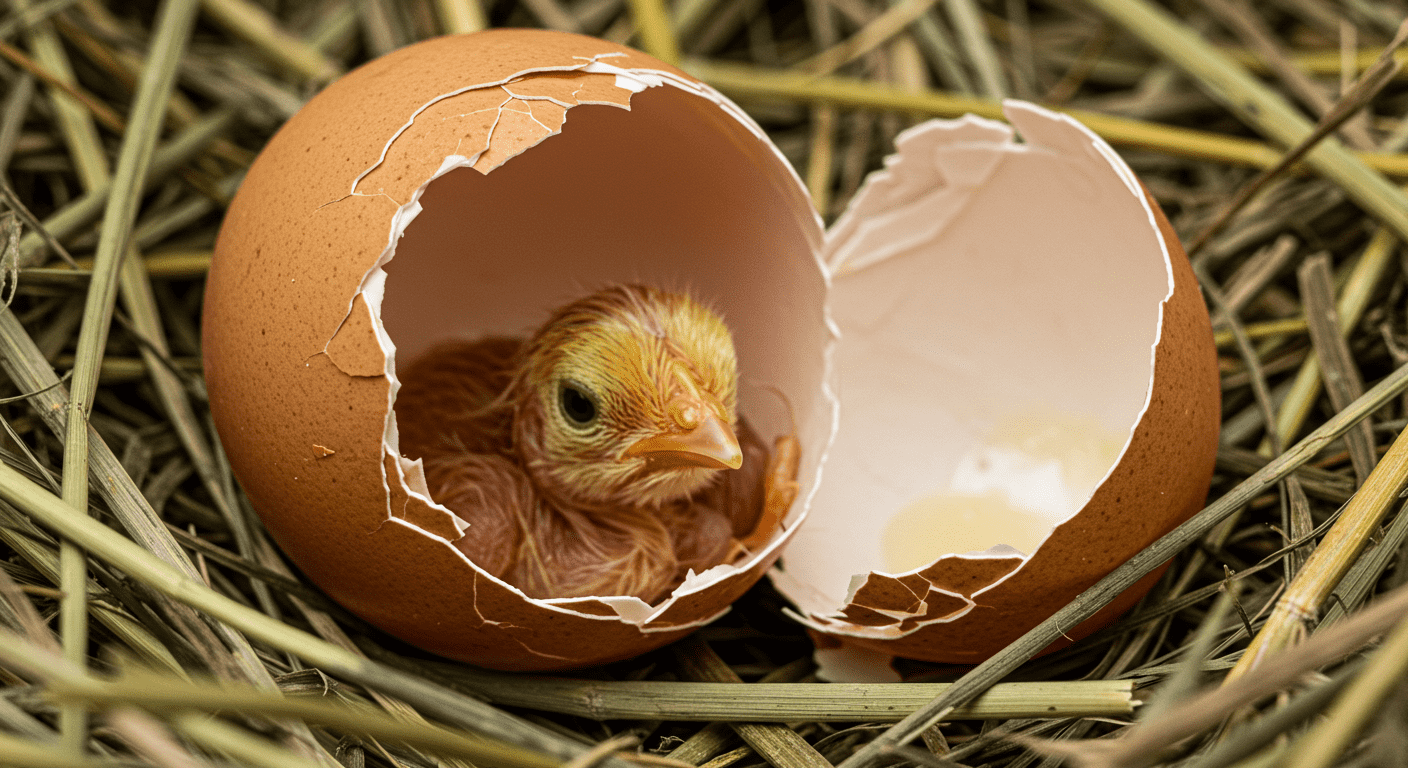 "Primer plano de un huevo de gallina a punto de eclosionar. Imagen detallada del nacimiento de un pollito en su nido de paja."