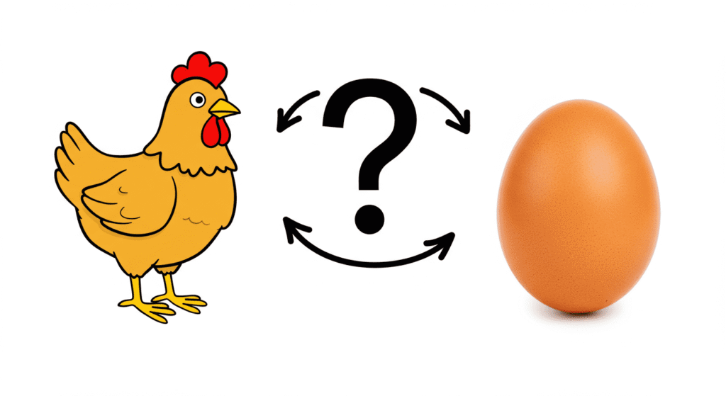 "Ilustración del dilema del huevo y la gallina, con un dibujo de una gallina y la foto de un huevo. Representación gráfica de la paradoja con un signo de interrogación."

