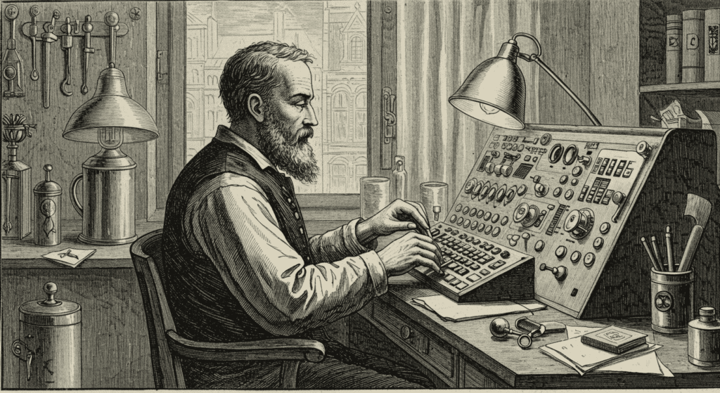 ¿Por qué los teclados no están en orden alfabético? La curiosa historia 2 Inventor trabajando máquina antigua grabado histórico. Imagen de un inventor o artesano trabajando en su máquina antigua, grabado o ilustración histórica. Ideal para contenido sobre historia, inventos y tecnología antigua.