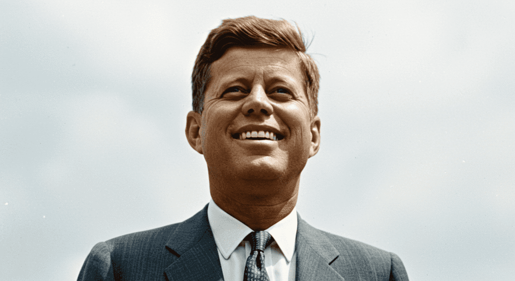Retrato de John F. Kennedy sonriendo. Fotografía a color del expresidente John F. Kennedy con traje gris. Ideal para ilustrar temas de historia, política y presidencia de los Estados Unidos.