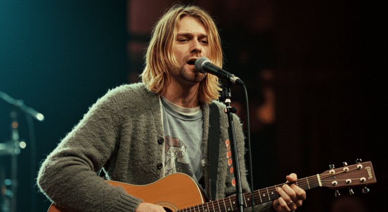 "Kurt Cobain, líder de Nirvana, actuando en directo con guitarra acústica. La música, una vía para la expresión emocional y el legado de un icono del grunge. Investigaciones demuestran que tanto la creación como la escucha de música pueden regular las hormonas del estrés y fomentar el bienestar emocional. El poder curativo de la música a través de la leyenda de Kurt Cobain."