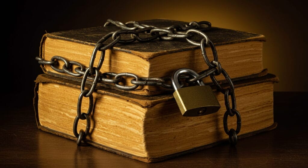 Los 5 libros más censurados de la historia 7 Dos libros antiguos encadenados y asegurados con un candado, iluminados con luz cálida que resalta sus cubiertas envejecidas. Representación de censura o protección del conocimiento histórico.