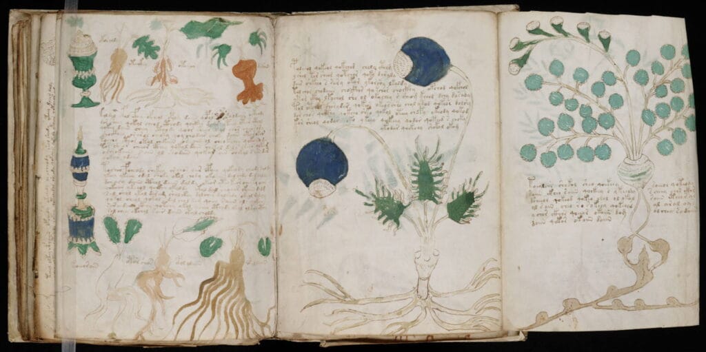 Los 5 libros más censurados de la historia 8 Página del Manuscrito Voynich con diagramas circulares, texto en un idioma desconocido y diseños enigmáticos.