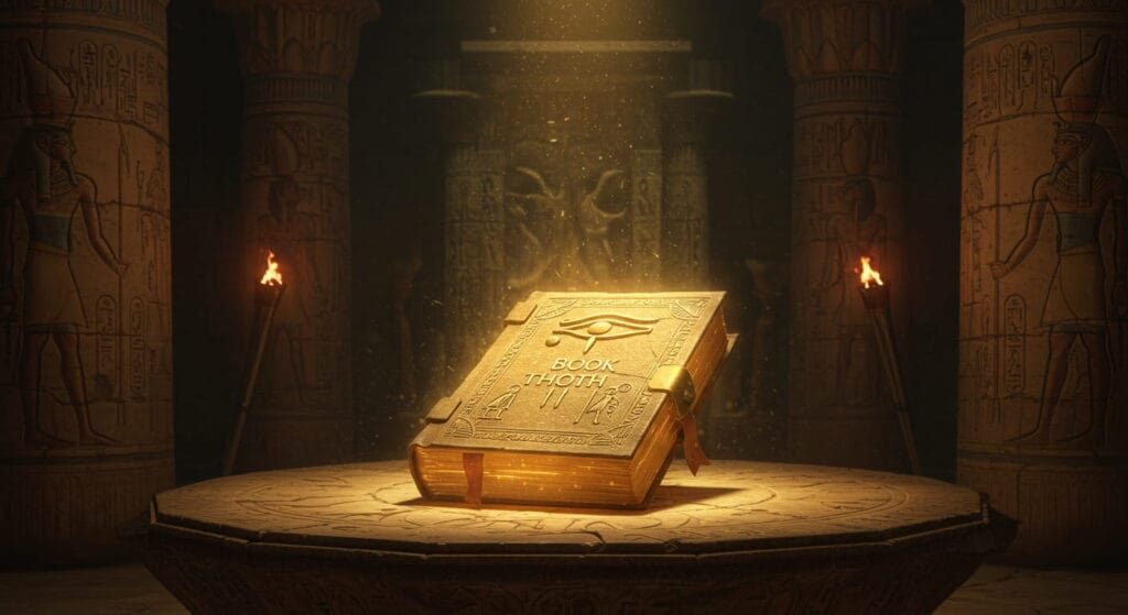 Los 5 libros más censurados de la historia 9 El antiguo Libro de Thoth egipcio brilla sobre un altar de piedra en el interior de un templo poco iluminado, rodeado de jeroglíficos, el Ojo de Horus y esculturas de Thoth, Anubis y Osiris. Una atmósfera mística con símbolos mágicos y antorchas parpadeantes evoca una sensación de sabiduría arcana y poder esotérico.