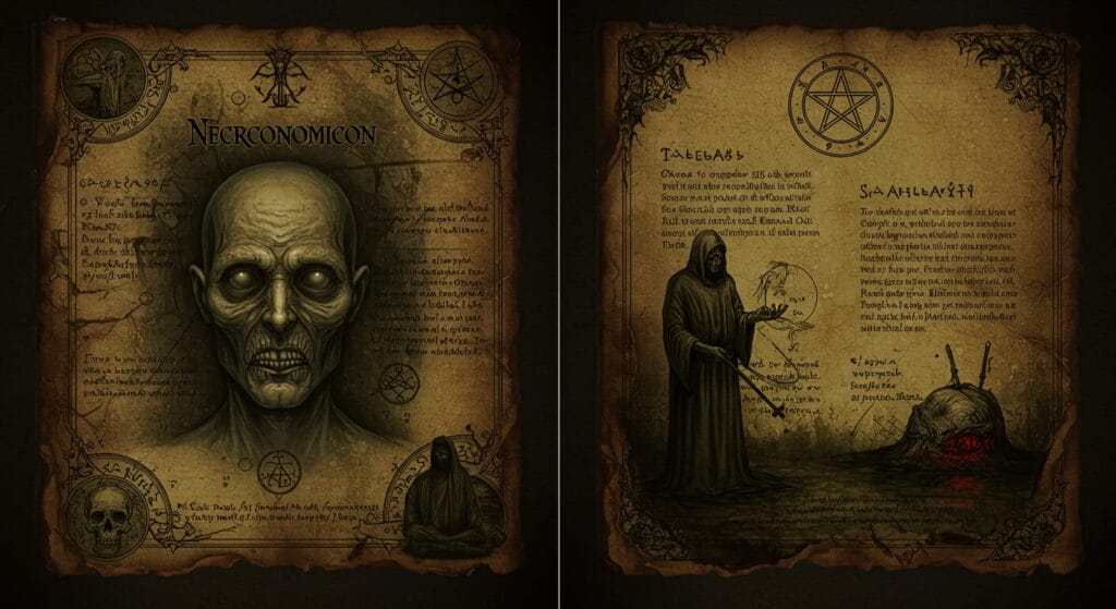 Los 5 libros más censurados de la historia 10 Páginas del Necronomicón con símbolos crípticos, ilustraciones macabras y textos indescifrables. Diseño envejecido con bordes quemados que refuerzan su apariencia siniestra y misteriosa.