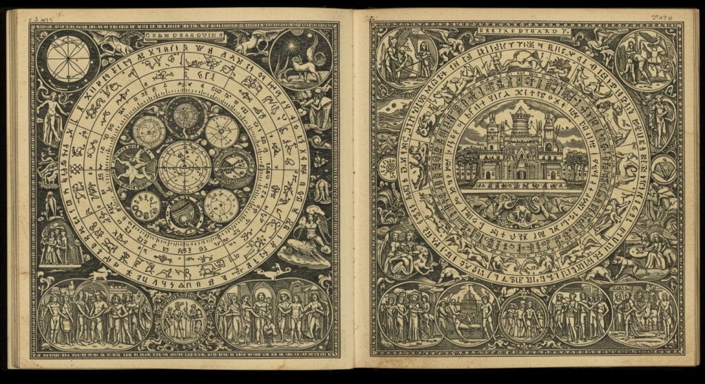 Los 5 libros más censurados de la historia 11 Páginas abiertas del mítico Libro de Dzyan con diagramas circulares llenos de símbolos crípticos, inscripciones arcanas y escenas detalladas de personas y animales. Representación de sabiduría y misterio antiguos.