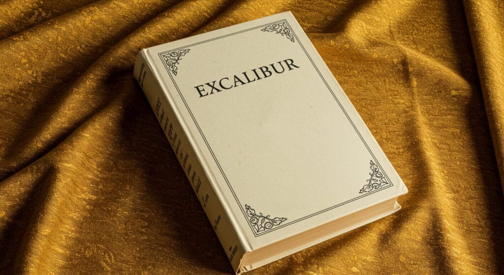 Los 5 libros más censurados de la historia 12 Libro titulado Excalibur sobre un fondo de tela dorada. Portada en color crema con diseño minimalista y título destacado en letras negras mayúsculas. Representación de misterio y saber absoluto.