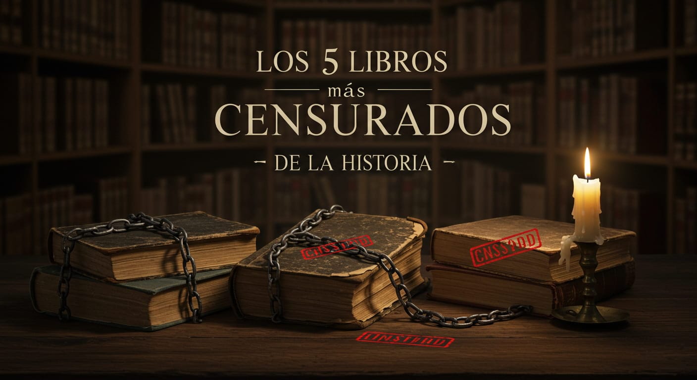 Imagen de libros antiguos encadenados con una vela encendida, representando censura. Texto “Los 5 libros más censurados de la historia” sobre un fondo de biblioteca tenue y misterioso.