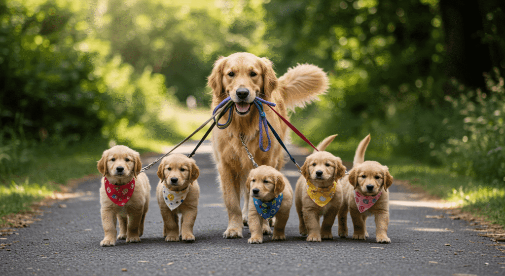 Significado de la vida: entre la ciencia, la fe y la filosofía 5 "Una mamá golden retriever paseando a sus cachorros. Imagen adorable de una perra con sus cinco bebés. Perros, animales domésticos y naturaleza."