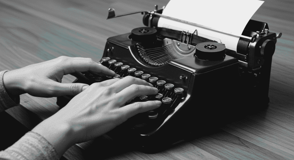 ¿Por qué los teclados no están en orden alfabético? La curiosa historia 3 Máquina escribir manos antigua escritura vintage. Imagen en blanco y negro de una máquina de escribir antigua con manos tecleando. Ideal para contenido sobre escritura creativa, nostalgia, vintage y literatura.