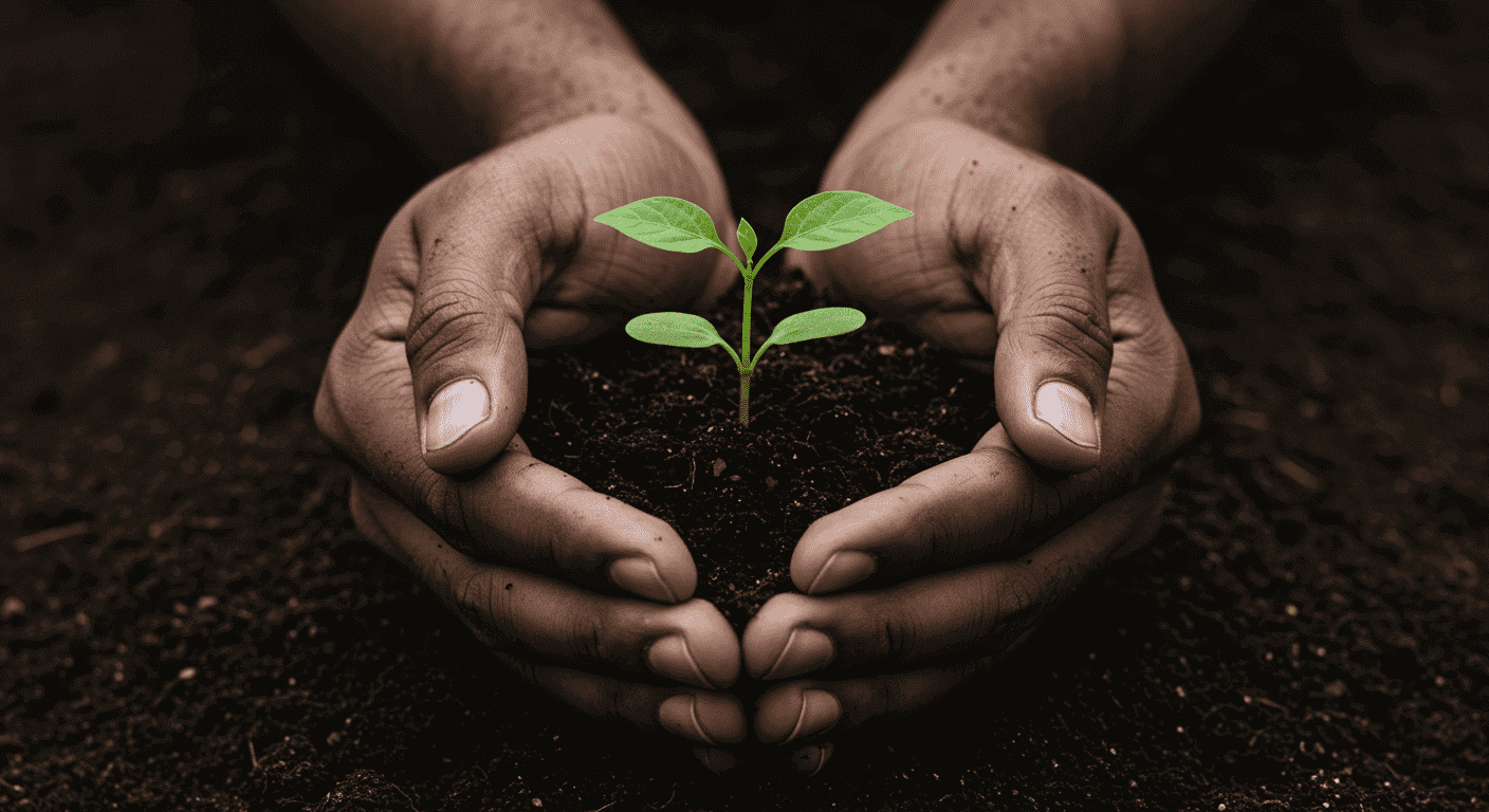 "Manos sosteniendo una pequeña planta. Imagen de esperanza, crecimiento y cuidado del medio ambiente. Naturaleza, jardinería, sostenibilidad y nuevo comienzo."