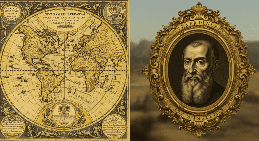 Mapa antiguo del mundo junto a retrato de Nostradamus. Ilustración vintage con mapa mundial detallado y retrato enmarcado del famoso profeta. Ideal para representar historia, cartografía y simbolismo esotérico.