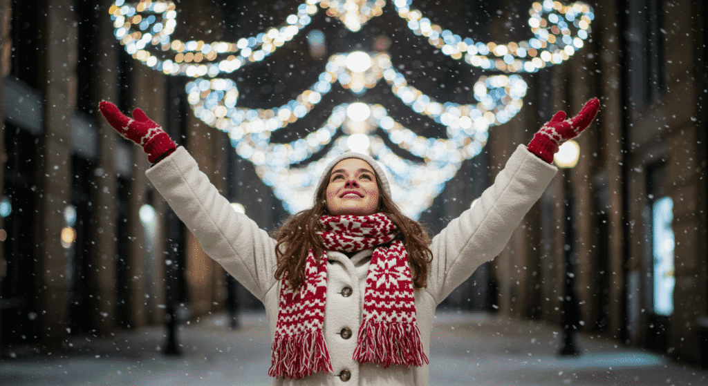 Pequeños cambios que pueden hacerte más feliz según la ciencia 3 Mujer joven disfrutando de la nieve en una calle adornada con luces. Imagen de invierno, alegría y espíritu festivo.