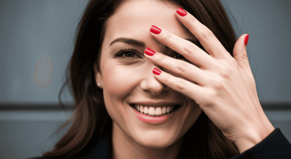 ¿Por qué alguien nos cae mal sin conocerlo? La psicología detrás del rechazo instantáneo 7 Mujer sonriendo con la mano en el ojo. Retrato de mujer alegre con pelo castaño.
