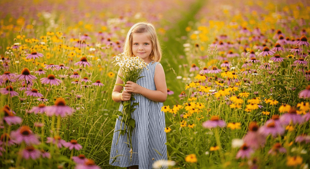 Pequeños cambios que pueden hacerte más feliz según la ciencia 4 Niña rubia recolectando flores silvestres en un campo soleado. Imagen de infancia, naturaleza y alegría en un entorno floral colorido.
