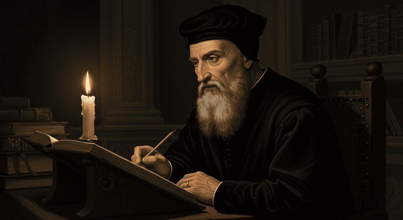 Retrato de Nostradamus escribiendo a la luz de las velas. Imagen artística que muestra al famoso profeta Nostradamus trabajando en sus predicciones. Ideal para temas de historia, esoterismo y adivinación.