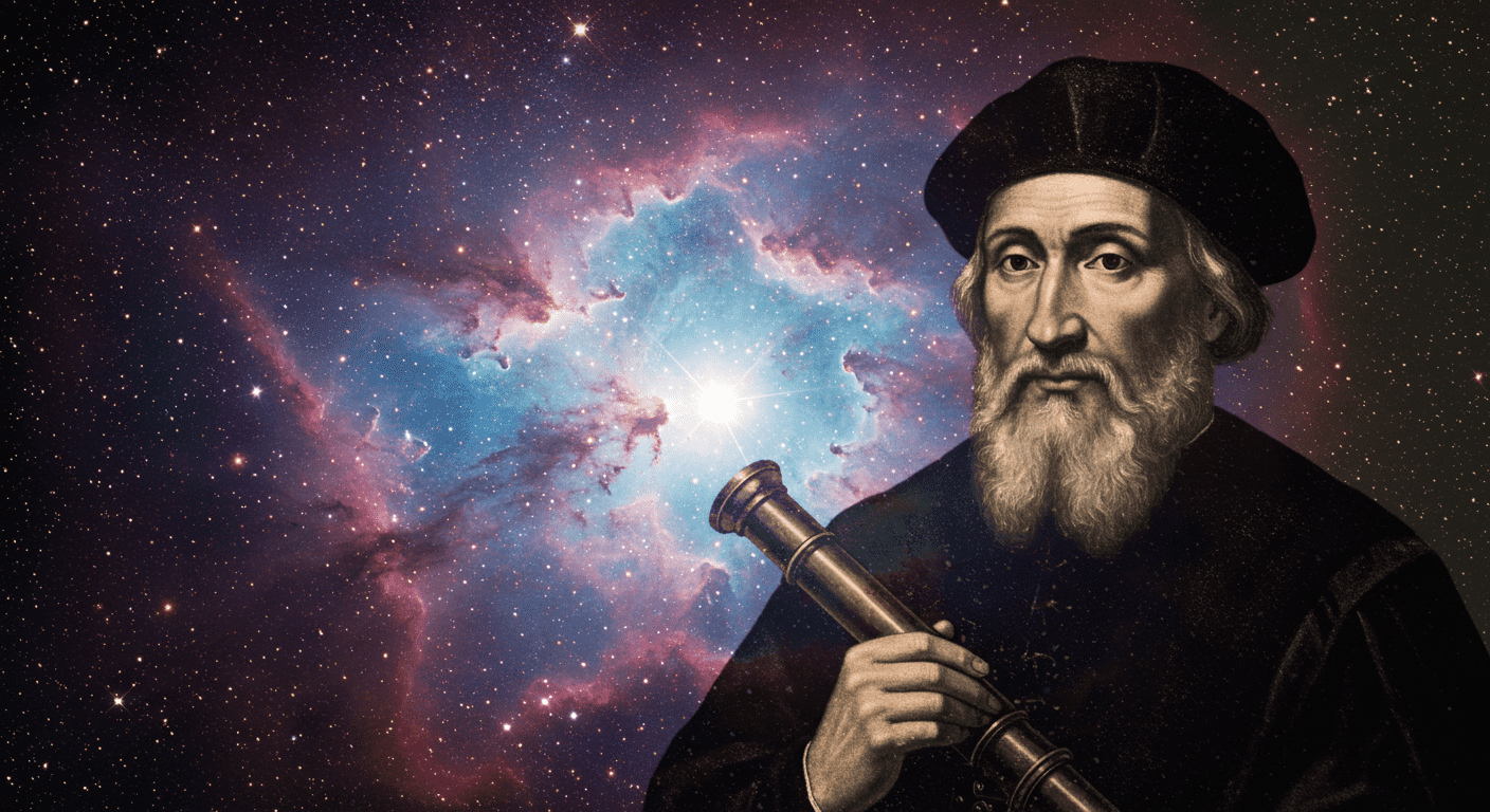 Imagen compuesta de Nostradamus con una nebulosa de colores. Representación mística del profeta y el cosmos. Ideal para temas de historia, profecías y astronomía.