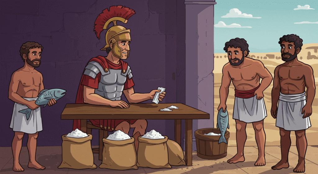 "Ilustración de la Antigua Roma que muestra el pago con sal a los trabajadores. Representación gráfica del origen del salario, con un oficial romano y sacos de sal."

