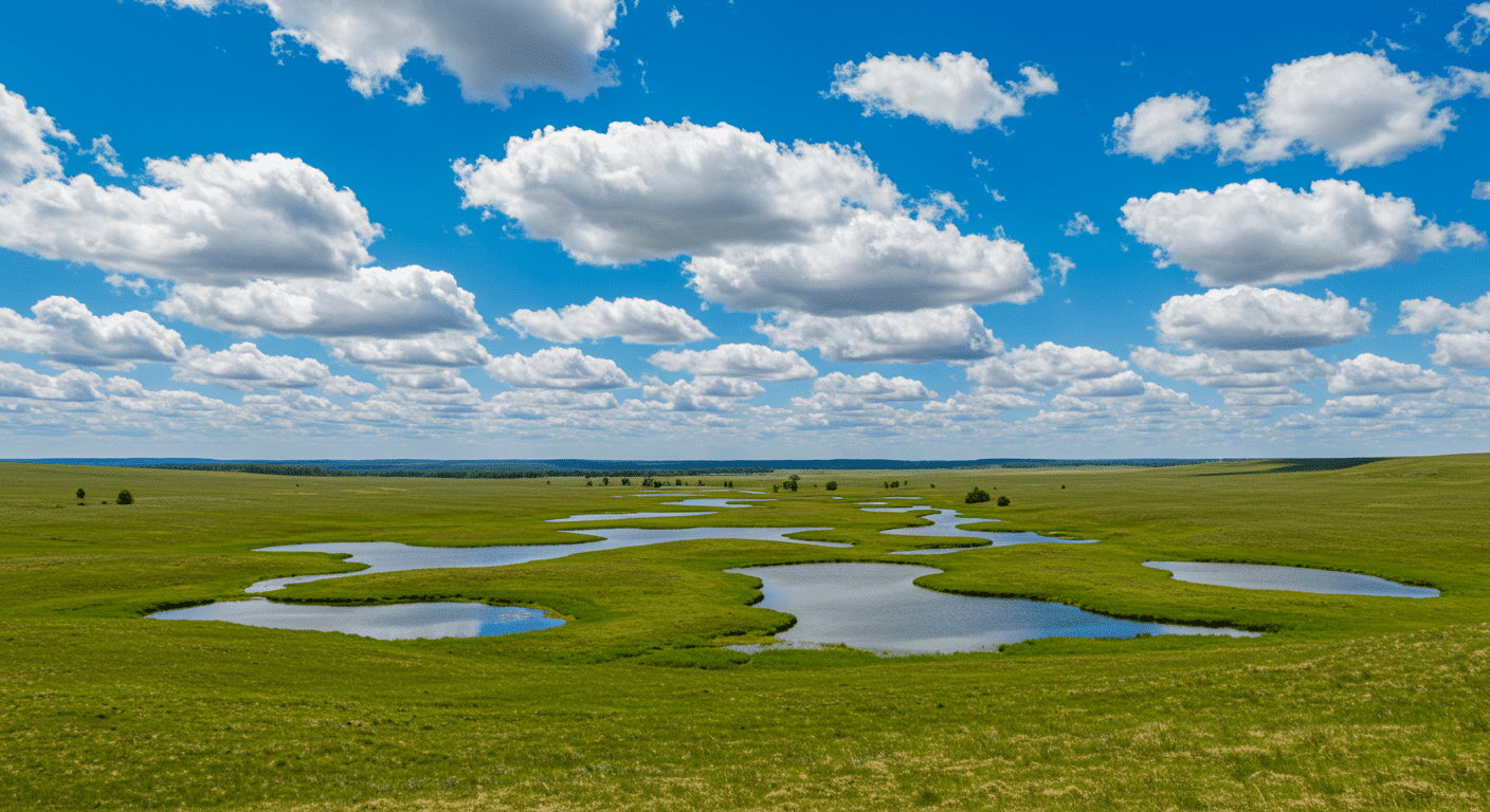 Amplio paisaje verde con lagos y cielo azul con nubes. Imagen de naturaleza ideal para promover turismo ecológico y conservación ambiental.