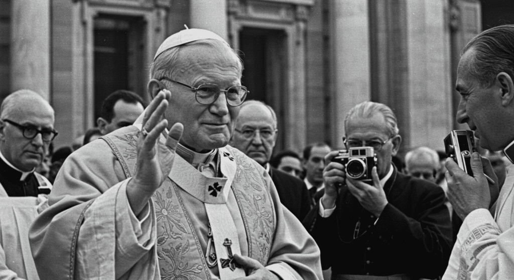 Fotografía en blanco y negro del Papa Juan Pablo I bendiciendo, con un fotógrafo capturando el momento. Imagen histórica del Vaticano.