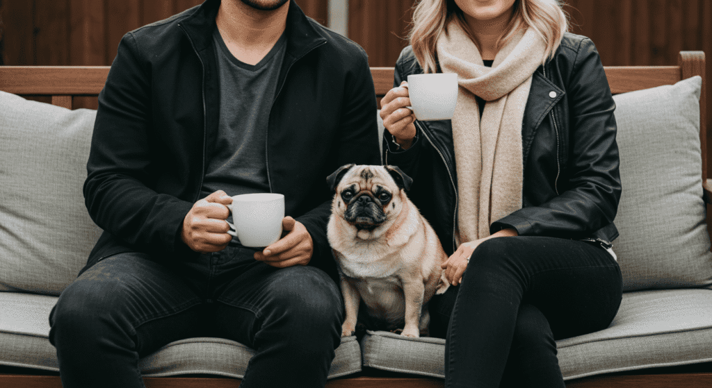 Pequeños cambios que pueden hacerte más feliz según la ciencia 5 Pareja relajándose al aire libre con su perro pug. Disfrutan de un momento de tranquilidad con bebidas calientes en un entorno acogedor y casual.