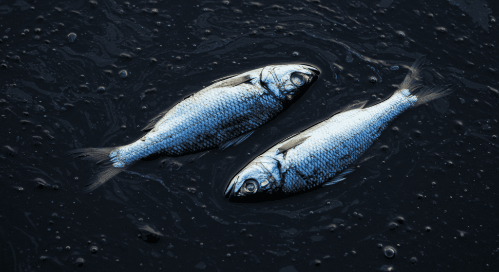 El impacto de la contaminación marina: cómo estamos destruyendo los océanos 6 Peces muertos flotando en petróleo. Impacto ambiental de la contaminación por hidrocarburos en la fauna marina