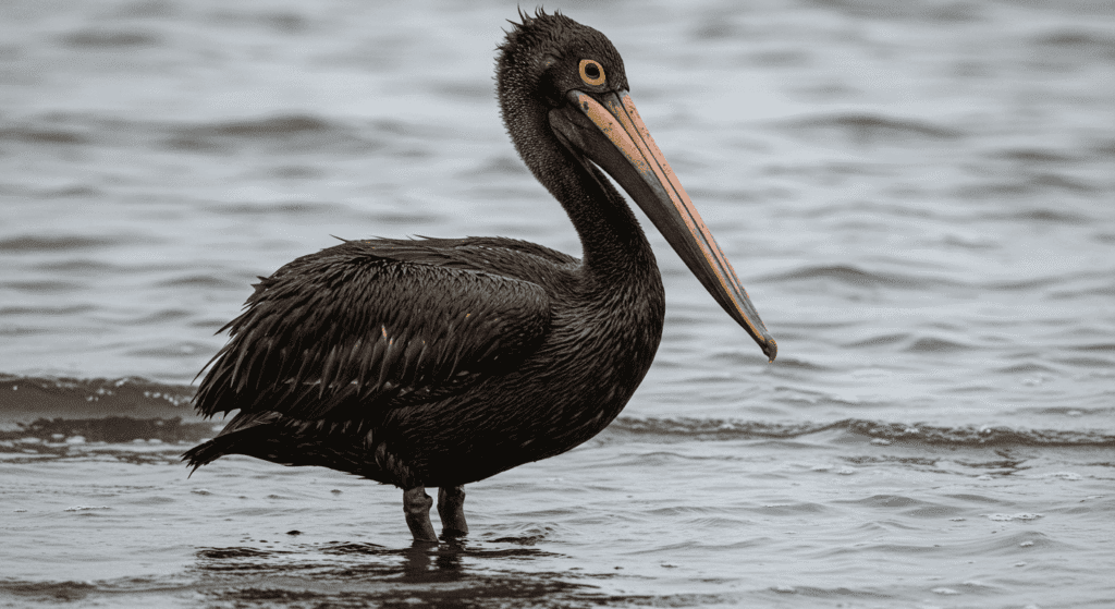 El impacto de la contaminación marina: cómo estamos destruyendo los océanos 4 Pelícano cubierto de petróleo en la costa. Impacto de los vertidos de petróleo en la fauna marina