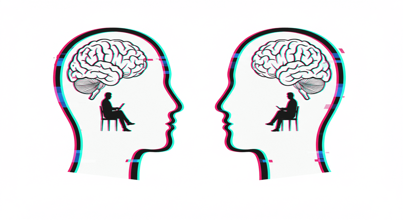"Ilustración de dos perfiles humanos enfrentados con cerebros dibujados en su interior, representando la psicología y la comunicación. Contorno con efecto glitch en azul, magenta, amarillo y verde. Siluetas negras de personas sentadas en sillas. Imagen conceptual sobre salud mental."