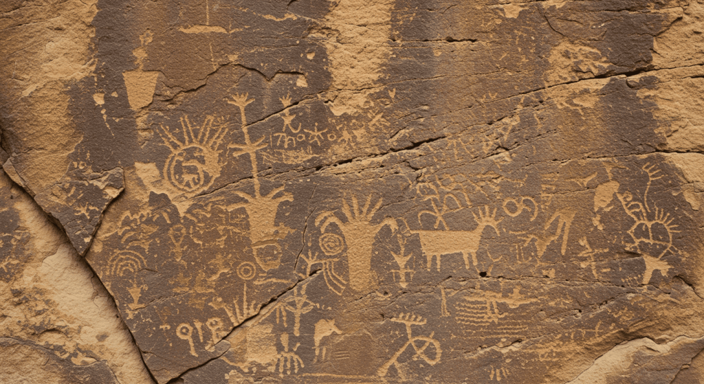 Hallazgos arqueológicos increíbles: secretos del pasado 4 Petroglifos antiguos grabados en roca. Arte rupestre con figuras de animales y personas.