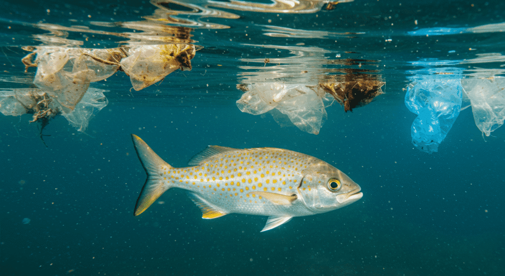 El impacto de la contaminación marina: cómo estamos destruyendo los océanos 7 "Pez nadando entre basura plástica en el mar. Contaminación marina y fauna afectada. #pez #contaminacion #plastico #mar #medioambiente"