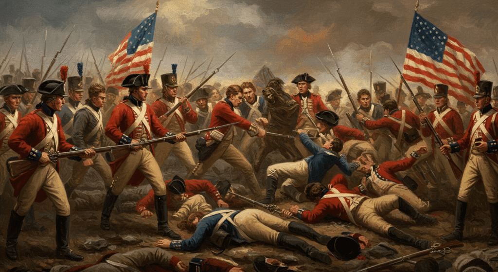 Pintura al óleo que representa una batalla campal. Soldados británicos con casacas rojas y americanos en lucha. Arte que ilustra la guerra y su conflicto.