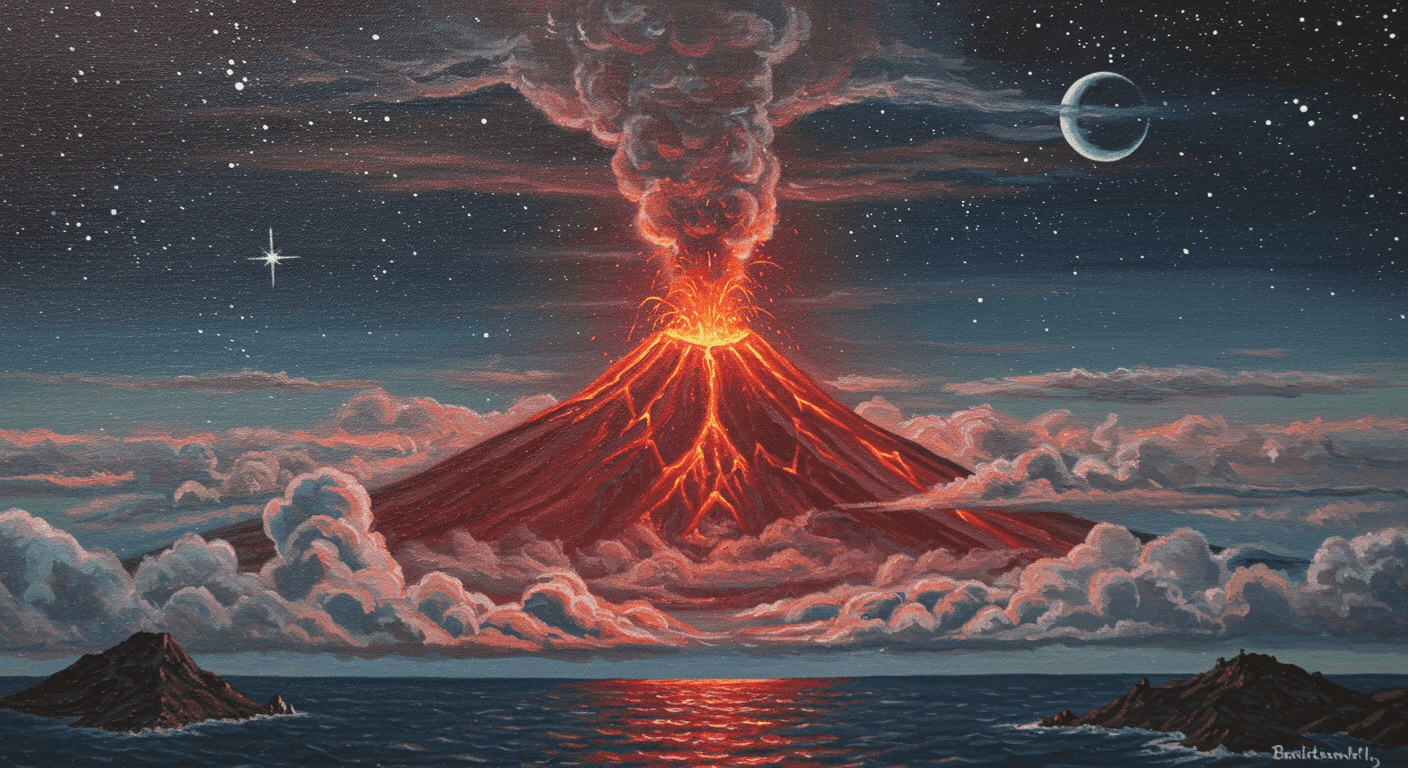 Pintura de Volcán con erupción con estrellas en el cielo. Imagen de una obra de arte que presenta a lava volcánica durante la noche y cielo con estrellas.