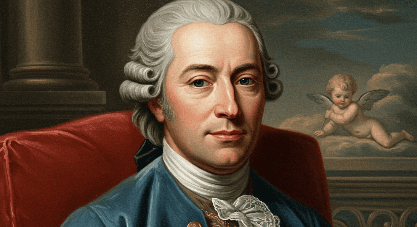 Retrato de hombre del siglo XVIII con peluca empolvada y traje azul. Pintura retrato siglo XVIII caballero.