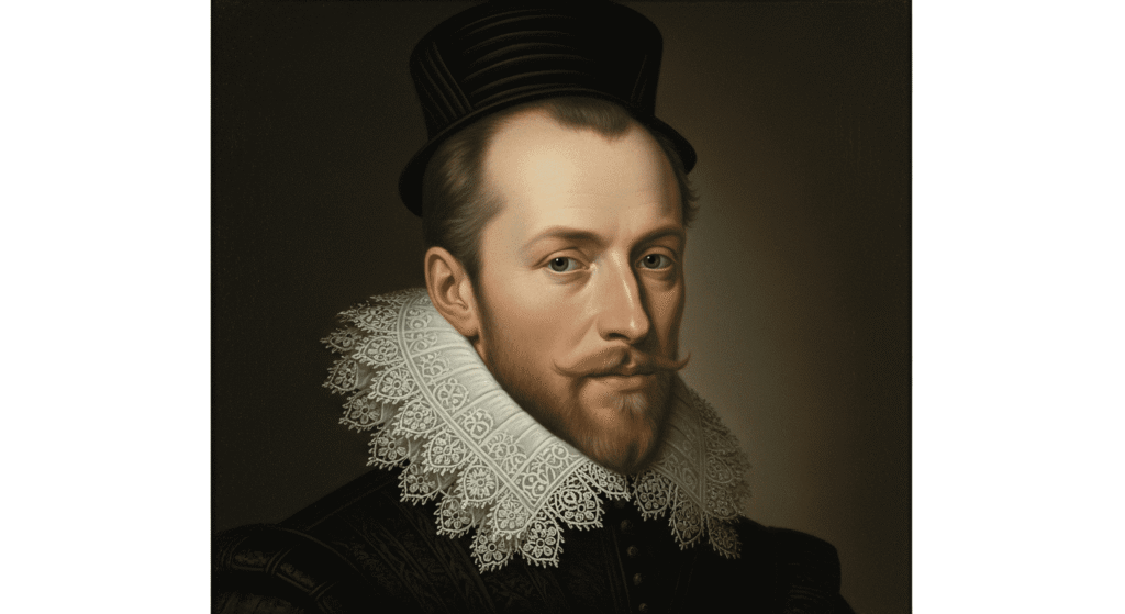 Retrato de un hombre noble con sombrero negro y gola blanca. Pintura histórica de un personaje de la realeza.