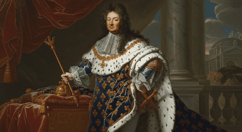 Retrato de Luis XIV, el Rey Sol. Pintura histórica con el monarca francés ataviado con ropas lujosas y símbolos de poder. Ideal para temas de historia de Francia, monarquía absoluta y retratos reales.

