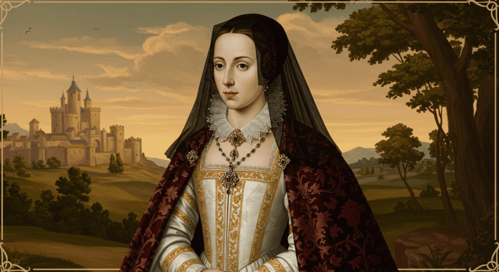Retrato de mujer noble del siglo XV. Pintura histórica con dama vestida con ropas elegantes y castillo de fondo. Ideal para temas de historia del arte, nobleza medieval y retratos antiguos.

