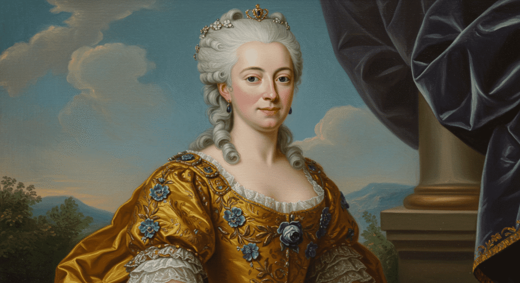 Retrato de mujer noble con vestido dorado. Pintura histórica con dama ataviada con ropas elegantes y peinado elaborado. Ideal para temas de historia del arte y retratos antiguos.


