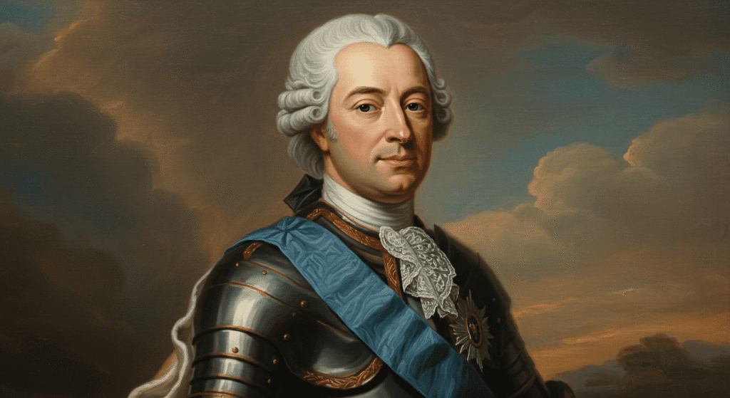 Retrato de noble del siglo XVIII. Pintura histórica con hombre vestido con peluca blanca y armadura. Ideal para temas de historia del arte, nobleza europea y retratos antiguos.

