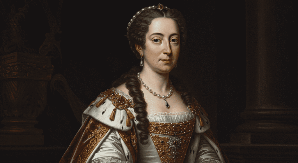 Retrato de reina con corona y manto real. Pintura histórica con mujer ataviada con ropas elegantes y símbolos de realeza. Ideal para temas de historia, nobleza y retratos de monarcas.

