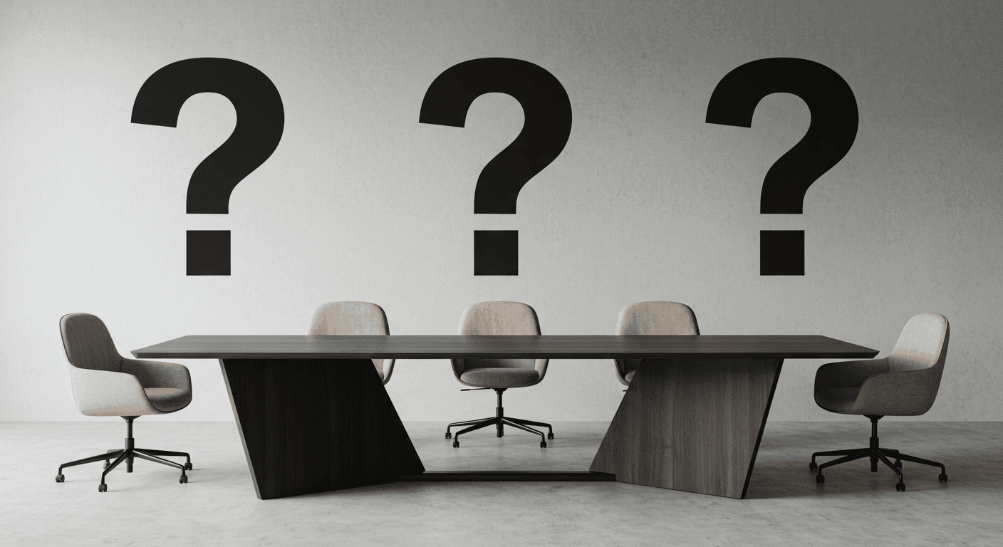 Sala de conferencias con mesa larga, sillas y tres signos de interrogación negros en la pared. Imagen conceptual para incertidumbre y preguntas. Accesible para personas con discapacidad visual.