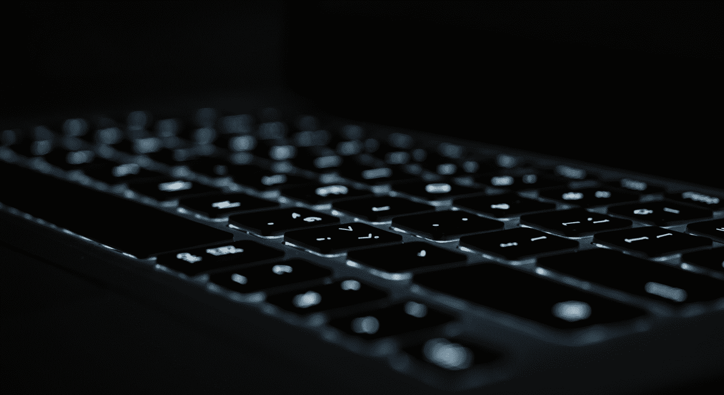 Teclado negro retroiluminado MacBook Apple tecnología. Imagen de un teclado negro retroiluminado de MacBook. Ideal para contenido sobre tecnología, diseño y productos Apple.