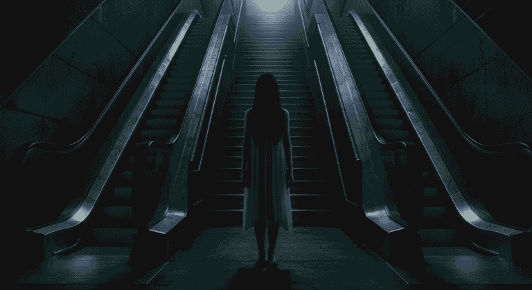 Imagen oscura de terror: figura femenina vestida de blanco frente a escaleras mecánicas con fuerte contraste de luz y sombra. Ideal para contenido de Halloween, suspense y temas paranormales.