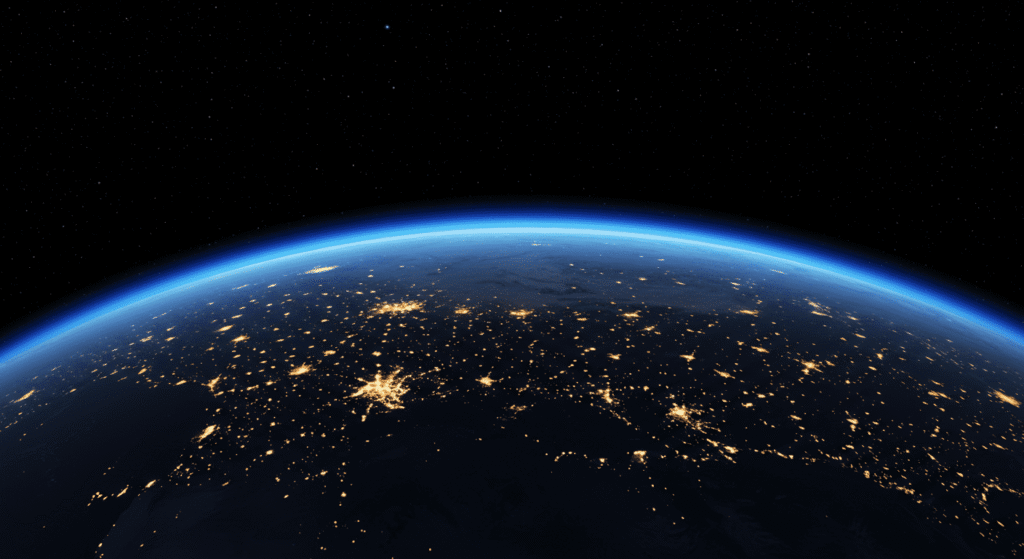 Vista aérea nocturna de la Tierra desde el espacio. Se aprecian luces de ciudades iluminando la oscuridad del planeta, con una línea azul brillante que define la atmósfera. Imagen ideal para temas de astronomía, medio ambiente y desarrollo urbano.

