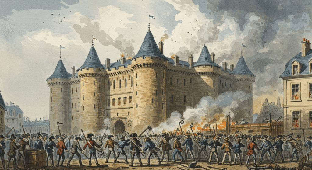 Ilustración de la Toma de la Bastilla, con gente armada asaltando la fortaleza. Representación artística de la Revolución Francesa.