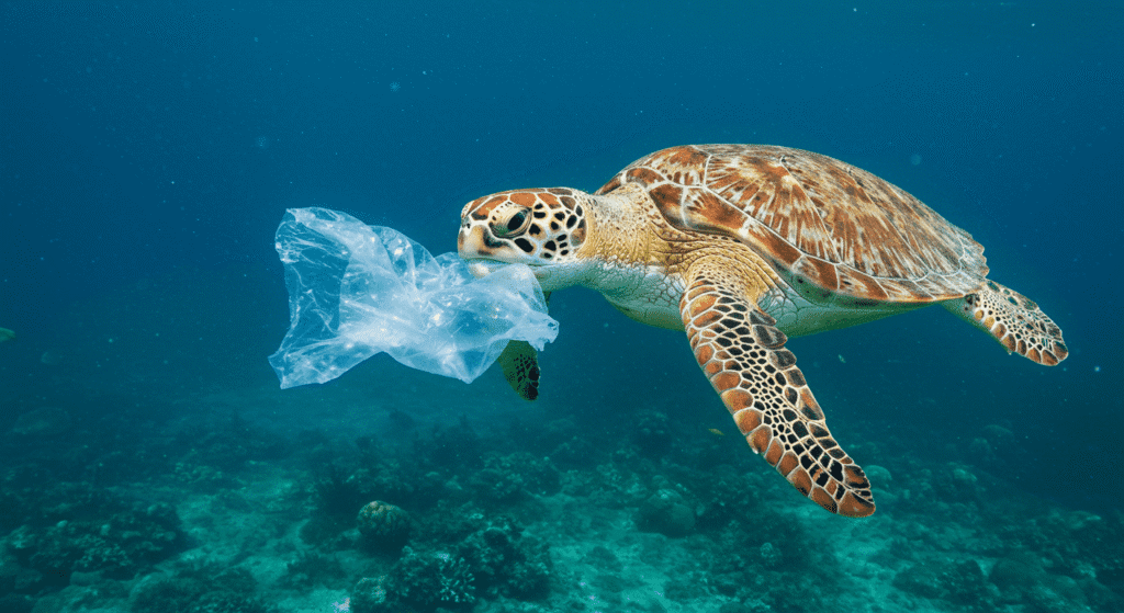 El impacto de la contaminación marina: cómo estamos destruyendo los océanos 2 "Tortuga marina intenta comer bolsa de plástico en el océano. Peligro de la contaminación plástica para las tortugas. #tortuga #plastico #contaminacion #mar #medioambiente"