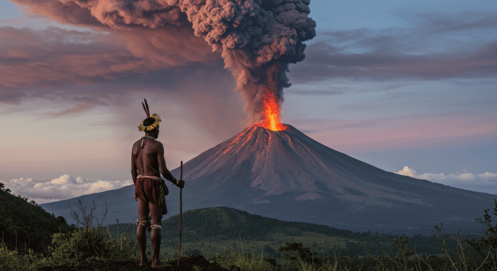 Hombre mirando un volcán con erupción. Imagen del un hombre mirando la lava con un bastón en la mano.

